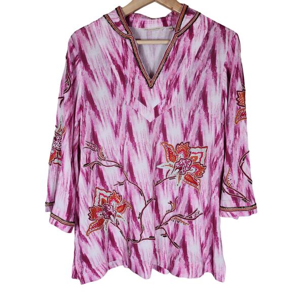 SOFT SURROUNDINGS Pink Altea Ikat Kimono Beaded Embroidered Loose Top SZ PXS - Picture 1 of 8